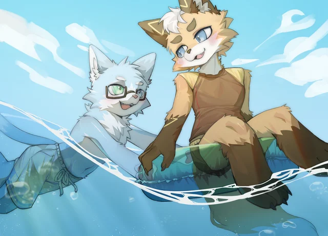 Kenichi & Toast playing in the water
