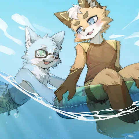 Kenichi & Toast playing in the water